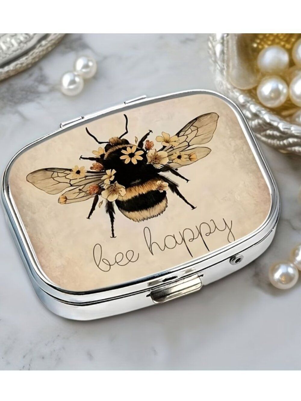 Bee Happy Pill Box, 2-Compartment Pill Box - Portable Metal Medicine Organizer